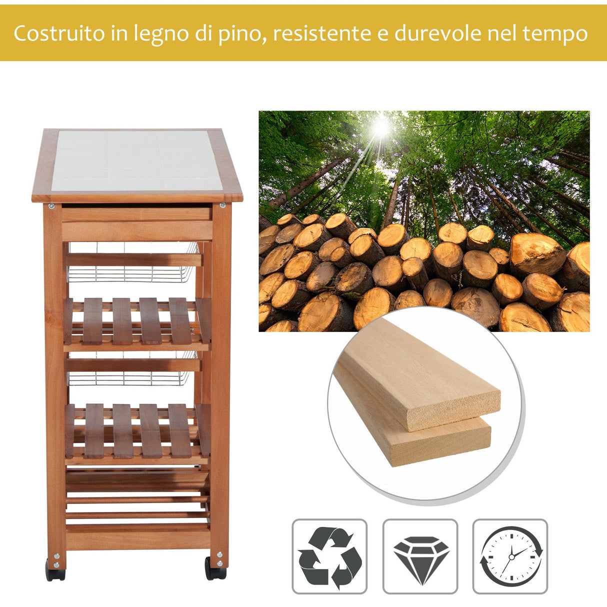 easycomfort easycomfort carrello da cucina multiuso in legno di pino con 4 ruote e cassetti 74x37x75cm marrone chiaro ean 8054144130897
