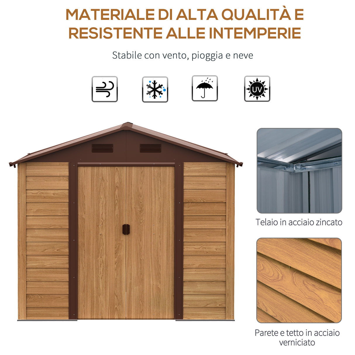 easycomfort easycomfort casetta da giardino porta attrezzi in acciaio con porte scorrevoli e prese daria 196x236x208cm marrone