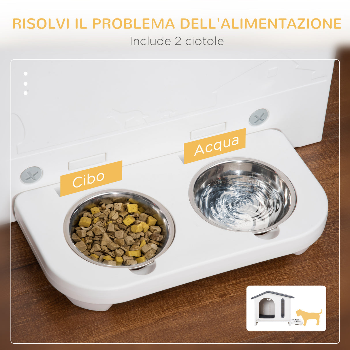 easycomfort easycomfort casetta per cani rialzata con vassoio per 2 ciotole finestre e cuscino in gommapiuma 70x64x56cm grigia e bianca