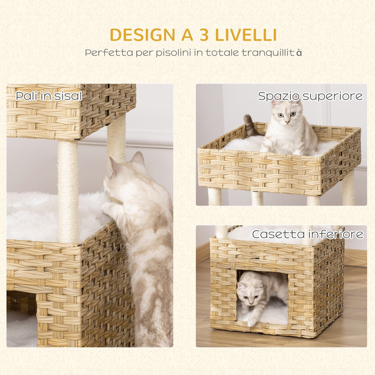 easycomfort easycomfort casetta per gatti a 3 livelli in rattan pe con cuscini lavabili in peluche 40x40x70cm legno