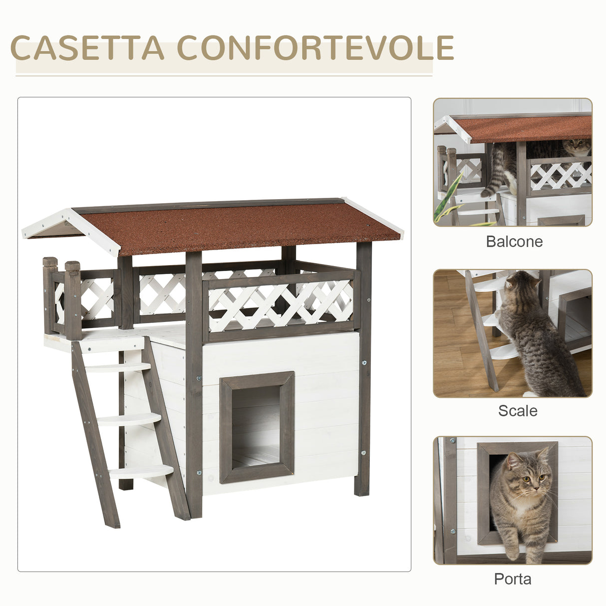 easycomfort easycomfort casetta per gatti da esterno in legno con cuccia e terrazza 77x50x73cm bianco e grigio