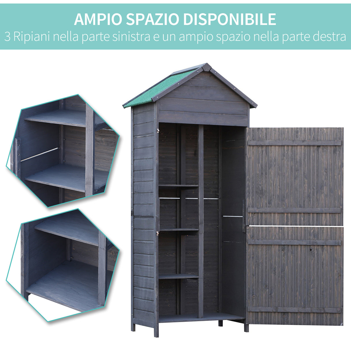 easycomfort easycomfort casetta porta attrezzi da giardino in legno con 2 ante e 3 mensole 89x50x190cm grigia