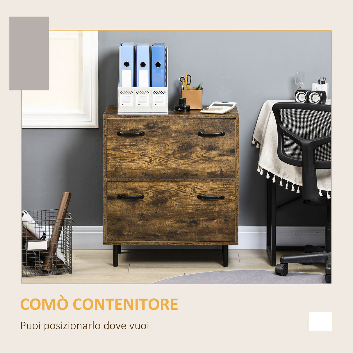 easycomfort easycomfort cassettiera a 2 cassetti in truciolato marrone con gambe in metallo per camera da letto studio e soggiorno 65x40x75 cm