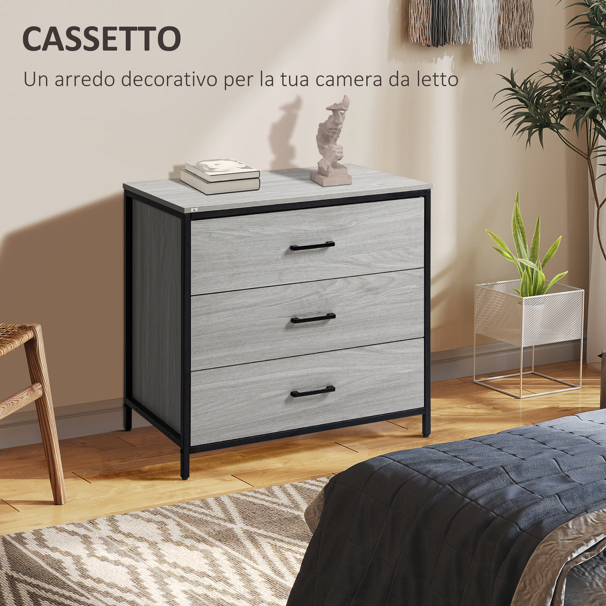 easycomfort easycomfort cassettiera con 3 cassetti in legno e acciaio per camera e soggiorno 80x48x78cm grigio chiaro