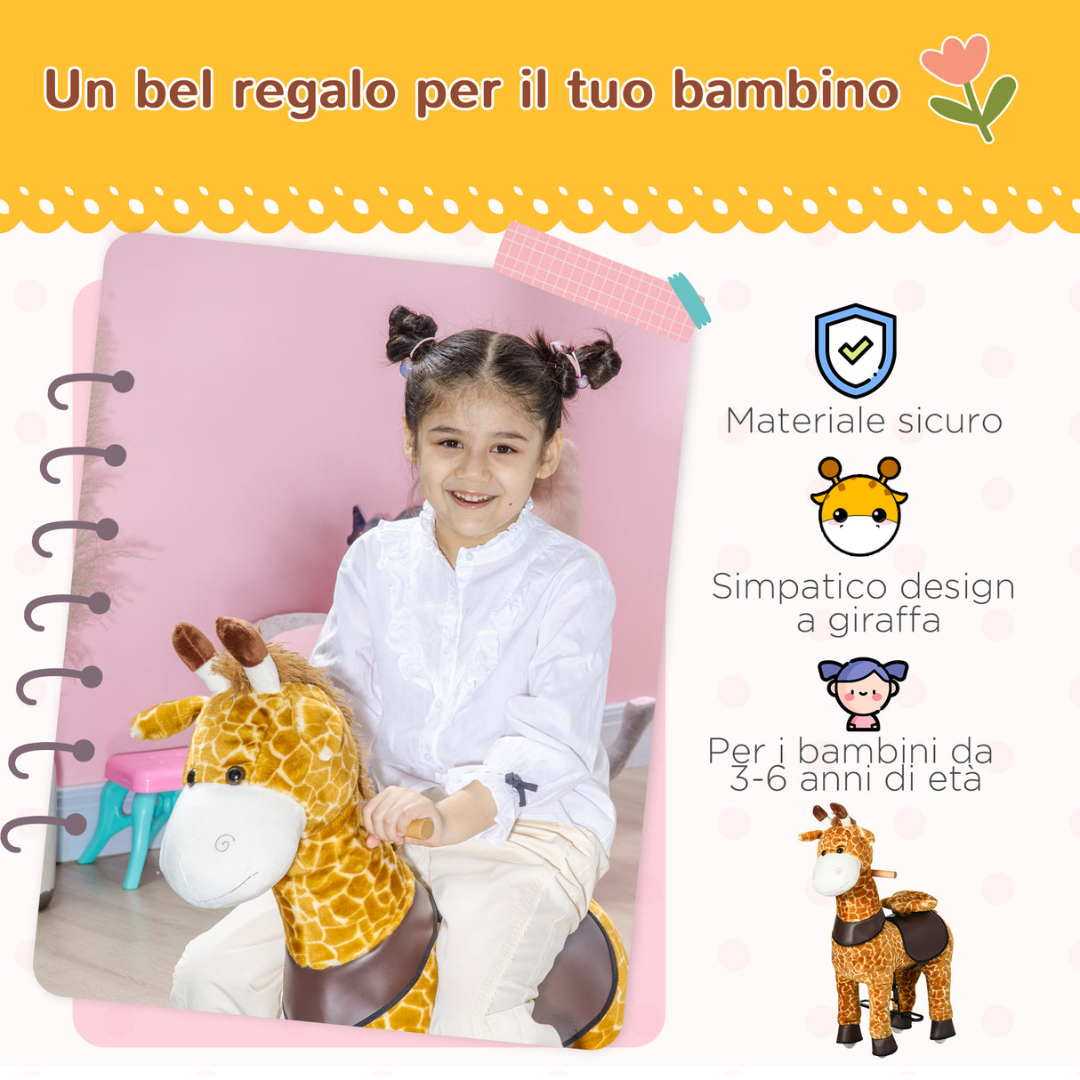 easycomfort easycomfort cavallo a dondolo con ruote a forma di giraffa per bambini da 3 6 anni 70x32x87cm giallo