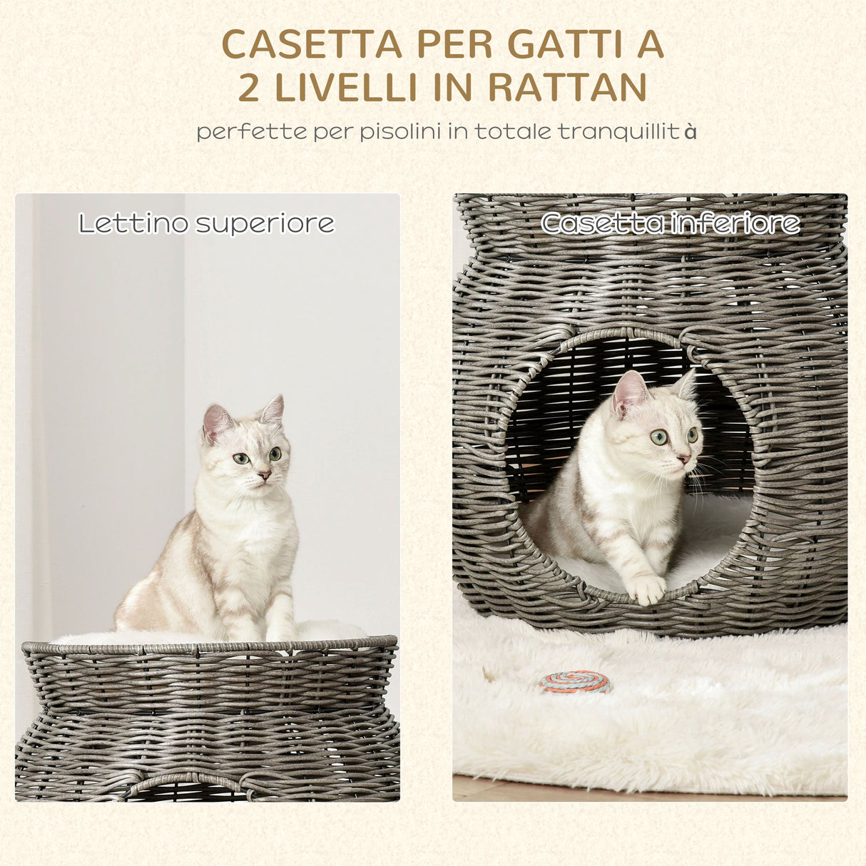 easycomfort easycomfort cesta per gatti a 2 livelli in rattan pe con cuscini lavabili in peluche 50x43 5cm grigio scuro