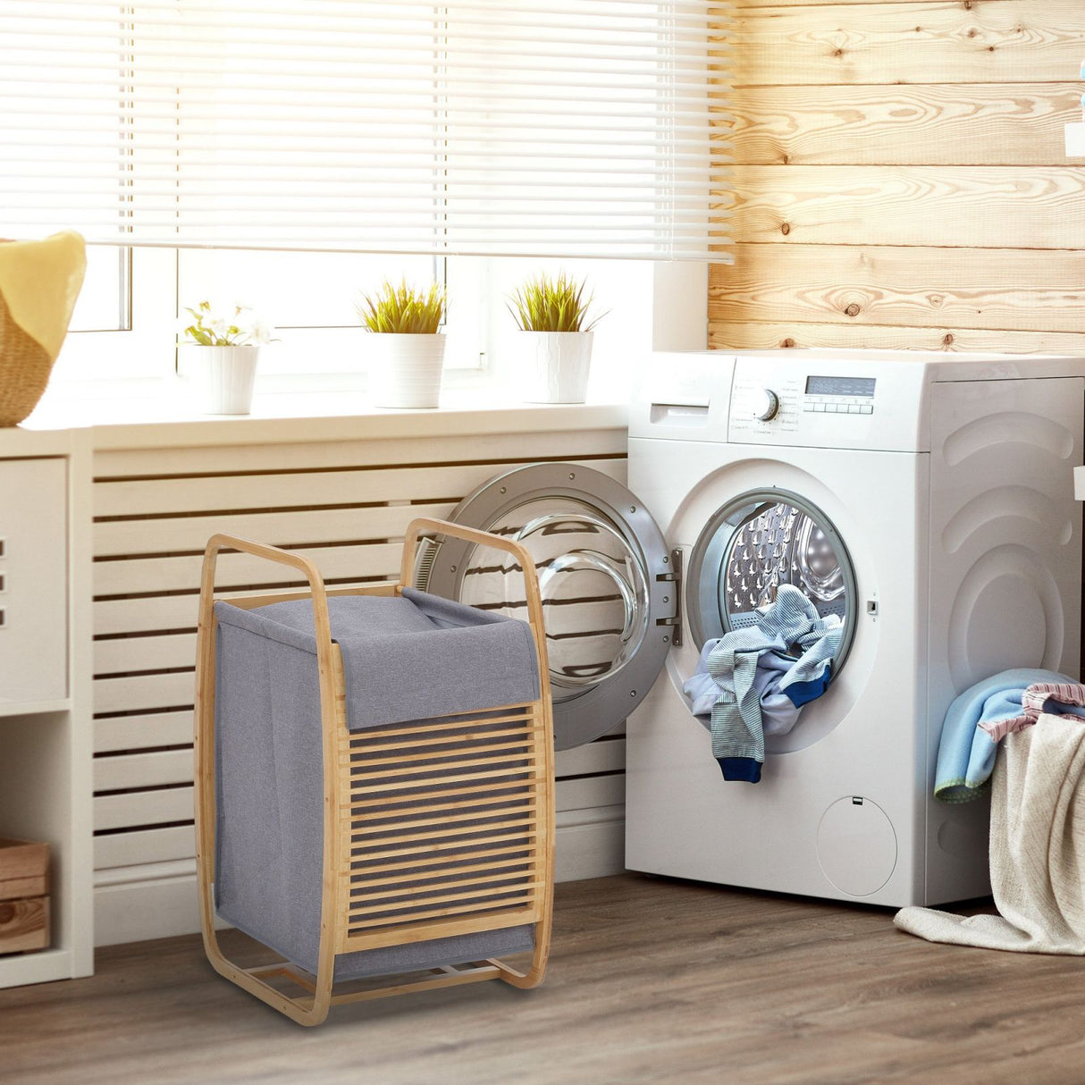 easycomfort easycomfort cesto portabiancheria in bambu con maniglie sacco in tessuto con coperchio grigio