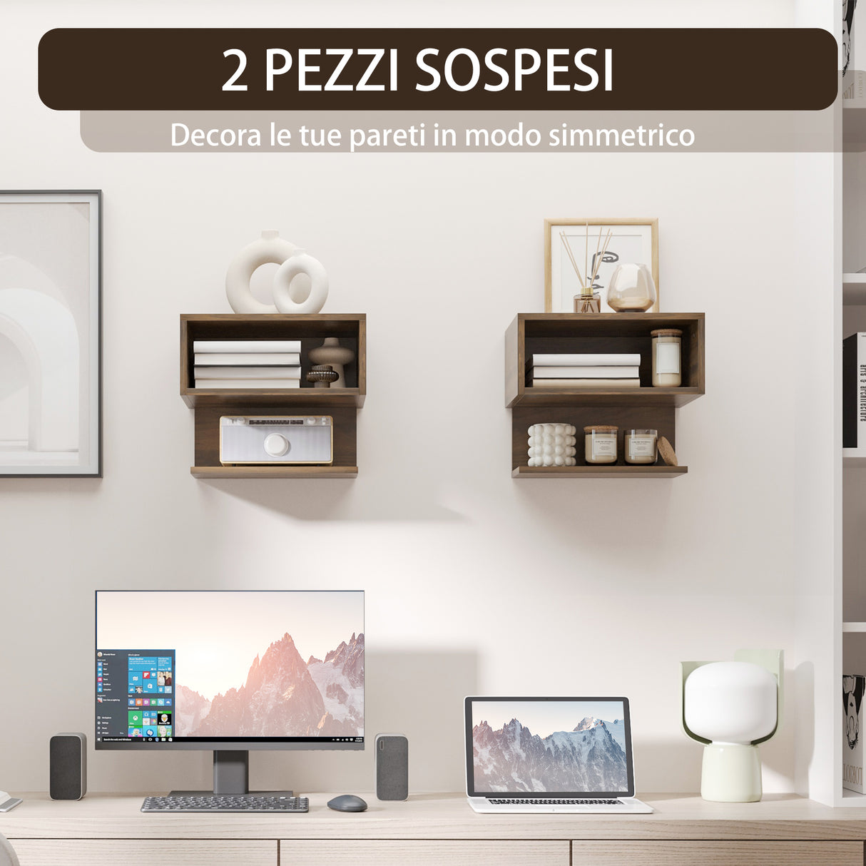 easycomfort easycomfort comodini sospesi da parete color noce set 2 pezzi in mdf con ripiano aperto e piano dappoggio 40x29 5x33 5 cm