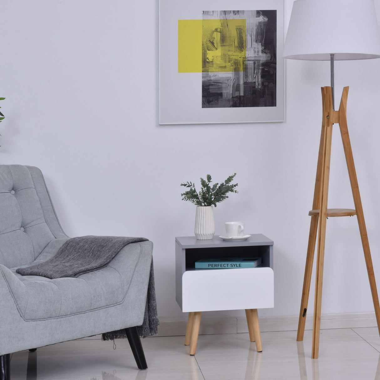 easycomfort easycomfort comodino in legno mdf grigio e bianco con 1 cassetto e gambe in legno di pino 40x34 3x50cm ean 8054111844741