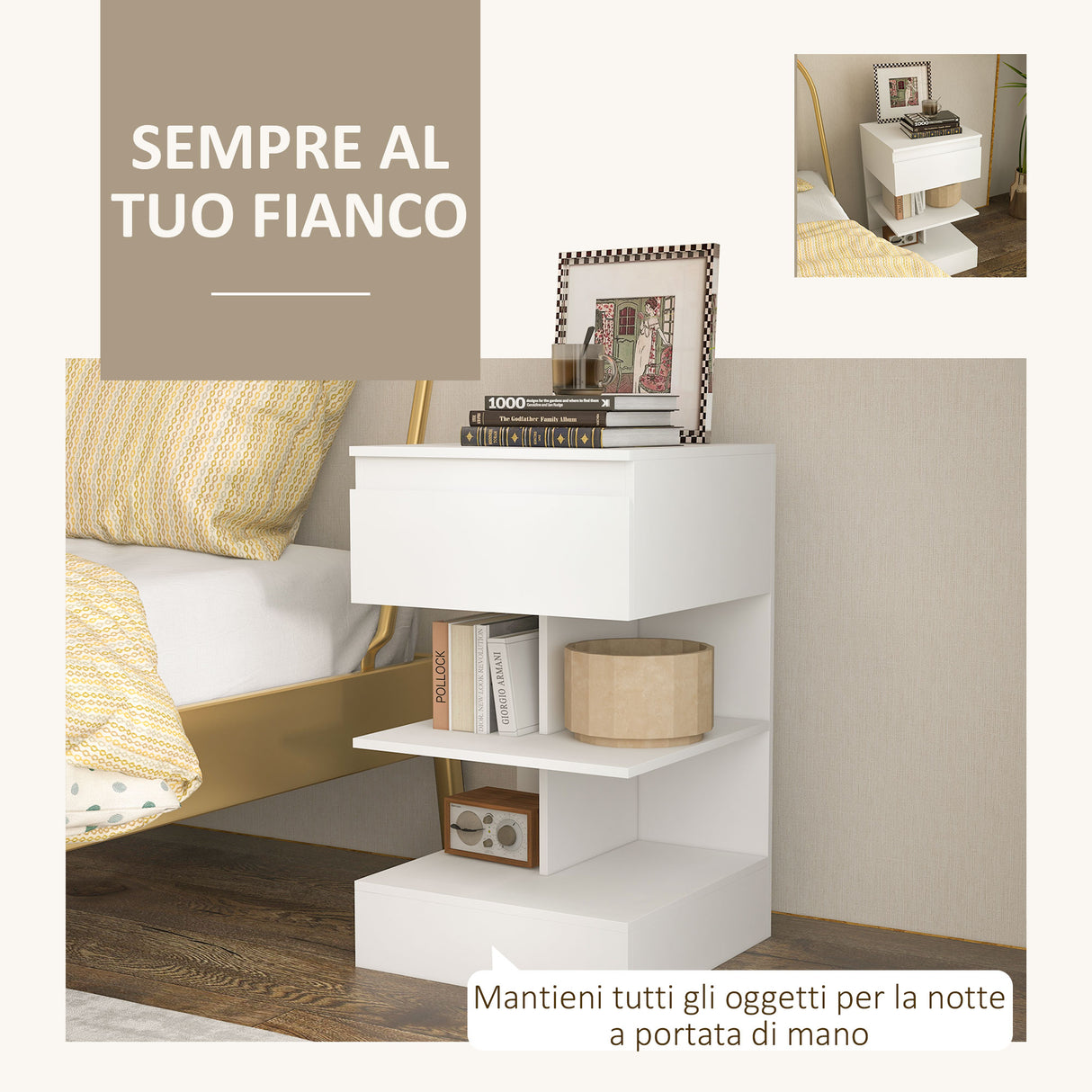 easycomfort easycomfort comodino moderno in truciolato e mdf con un cassetto e 2 ripiani 39x39x65 cm bianco