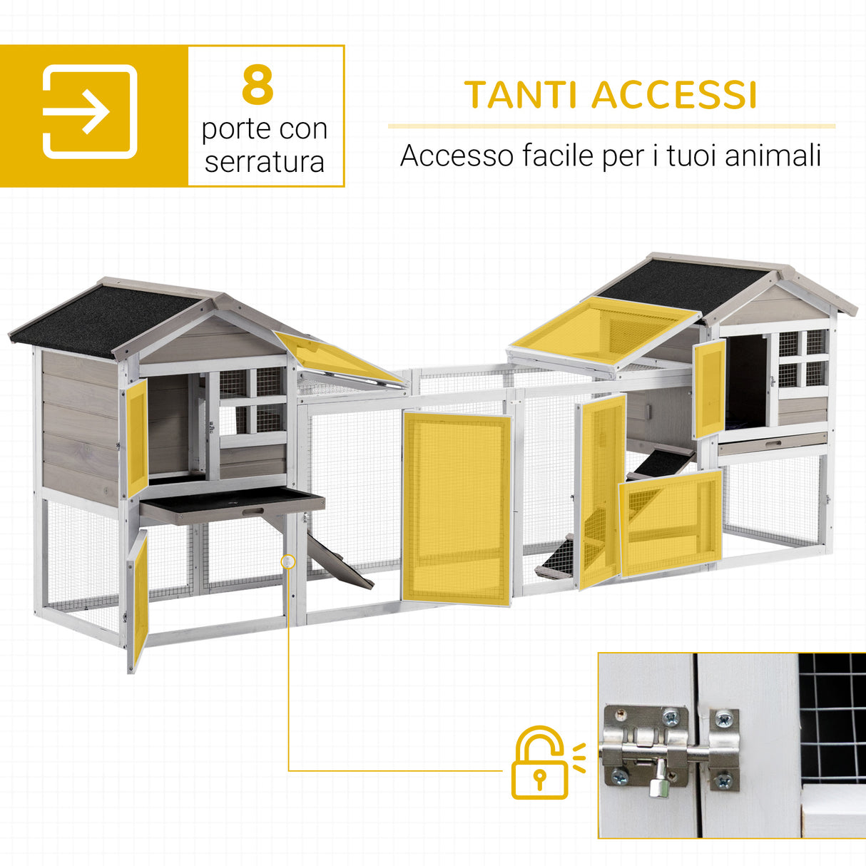 easycomfort easycomfort conigliera in legno da esterno con 2 casette area aperta recintata e rampe 259x64x92cm grigio