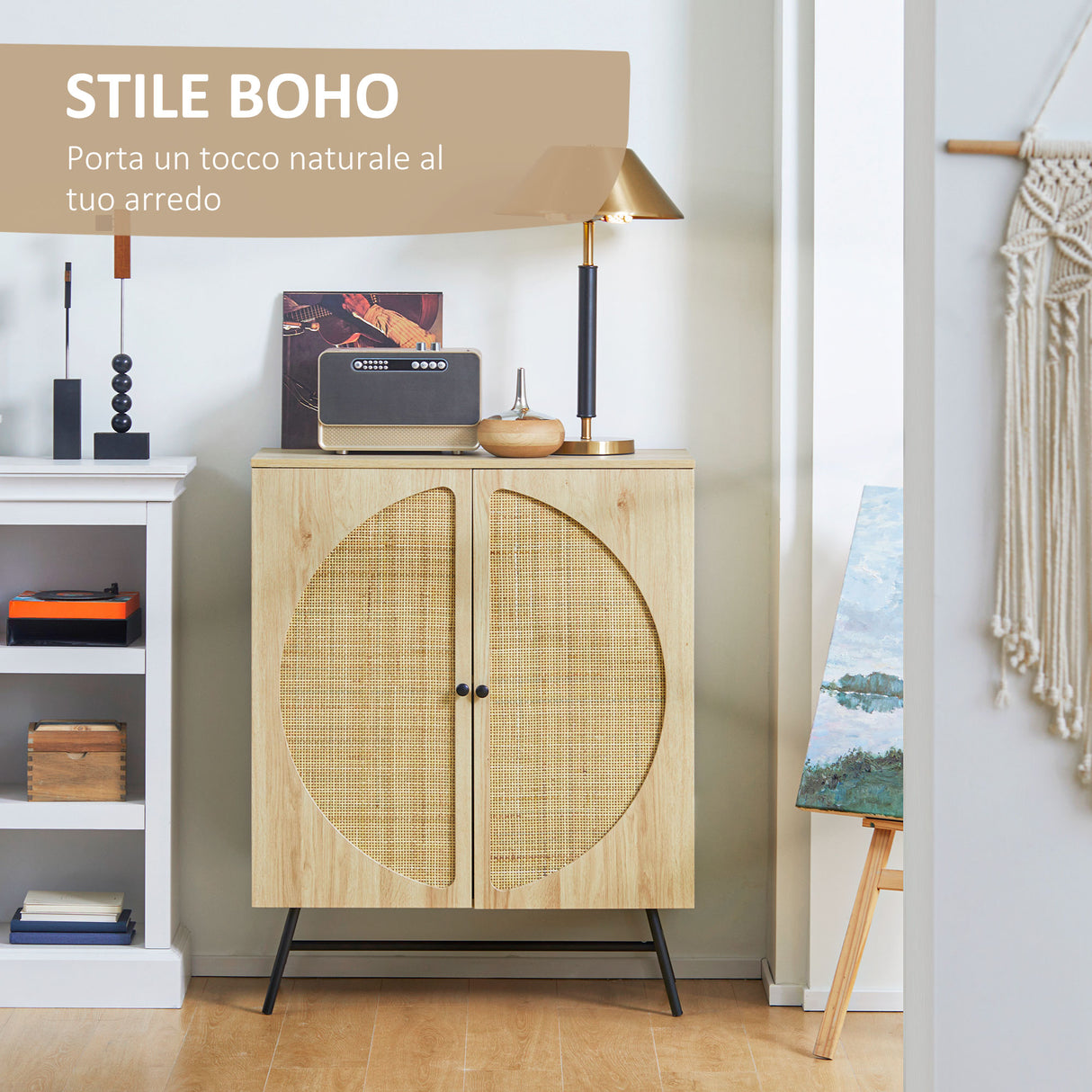 easycomfort easycomfort credenza in stile boho con 2 ante in legno e rattan 80x39x101 8cm naturale