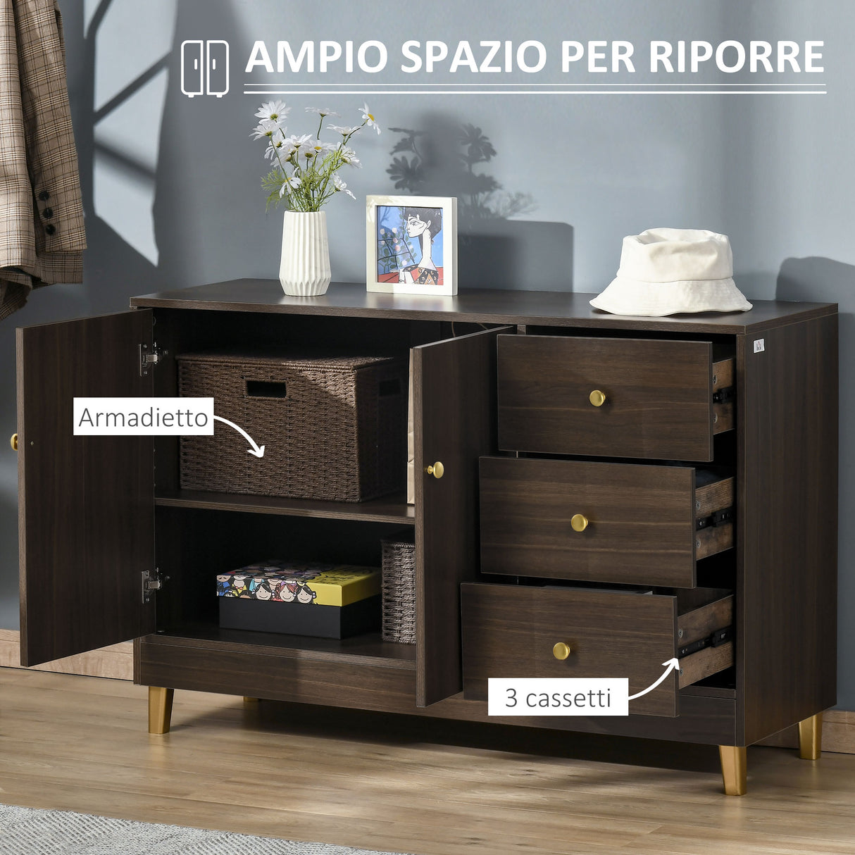 easycomfort easycomfort credenza moderna 3 cassetti e ripiano interno regolabile in mdf 120x42 5x80cm marrone