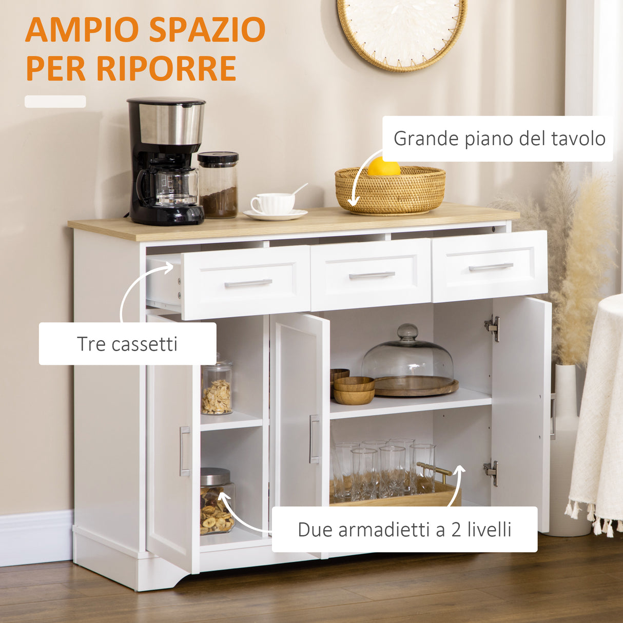 easycomfort easycomfort credenza moderna in mdf e truciolato con ripiano regolabile 3 cassetti e 3 ante 101x39x82 cm bianco