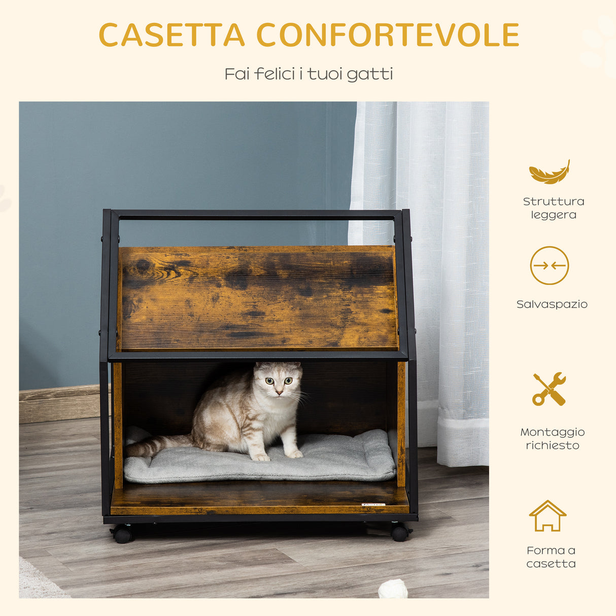 easycomfort easycomfort cuccia per gatti da interno con cuscino lavabile casetta per gatti in legno e acciaio stile industriale con 4 ruote marrone rustico