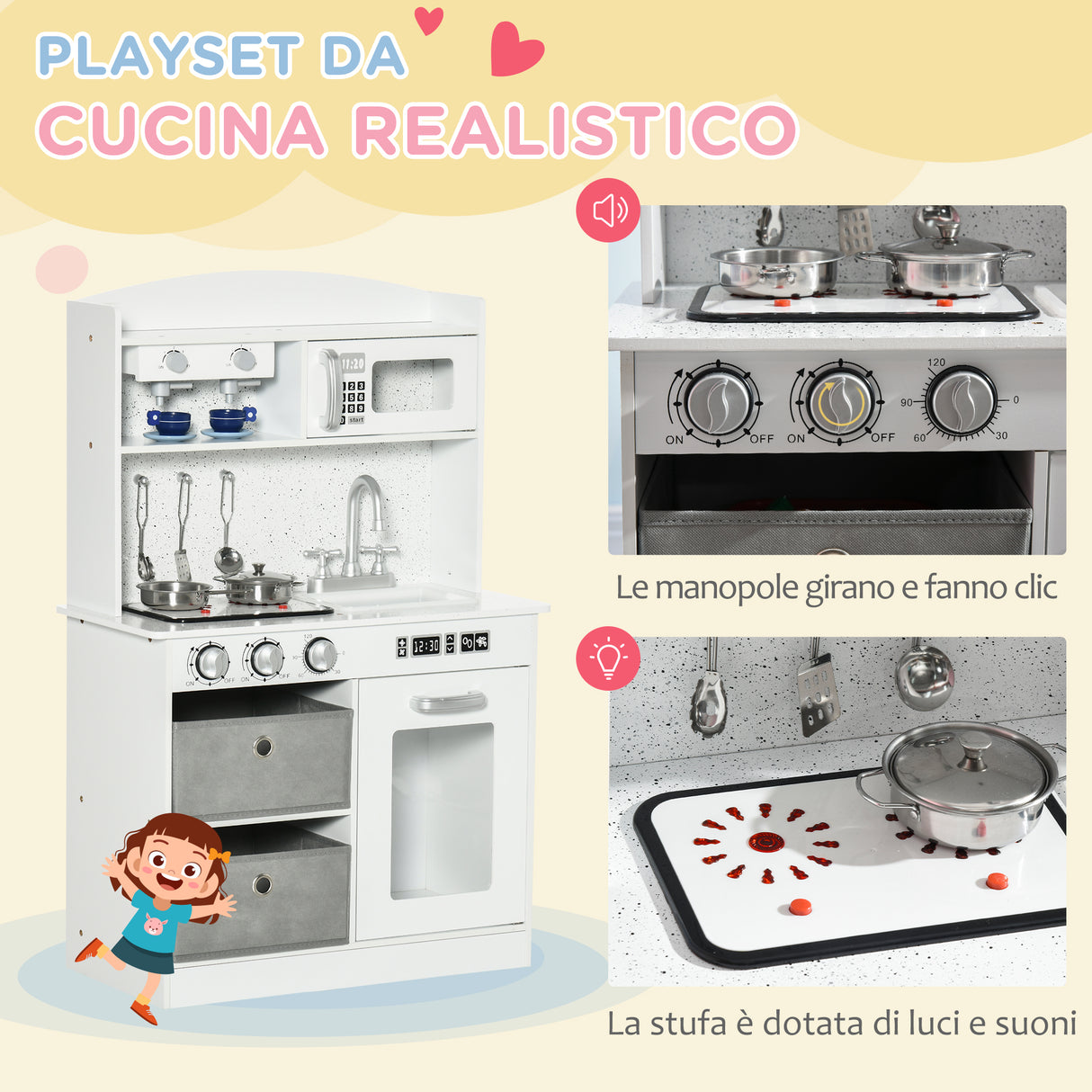 easycomfort easycomfort cucina giocattolo per bambini 3 6 anni con luci e accessori realistici in mdf e pp 60 1x31 7x92 9 cm bianca