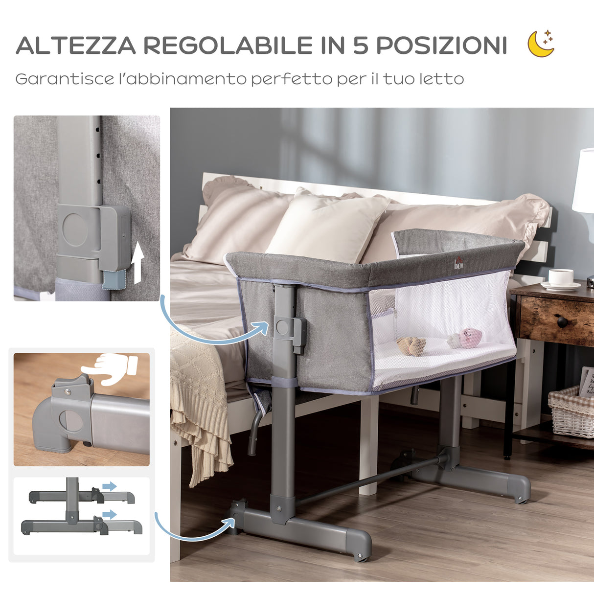 easycomfort easycomfort culla fianco letto con altezza regolabile lettino co sleeping pieghevole con tessuto a rete e borsa di trasporto 86x50x83cm grigio