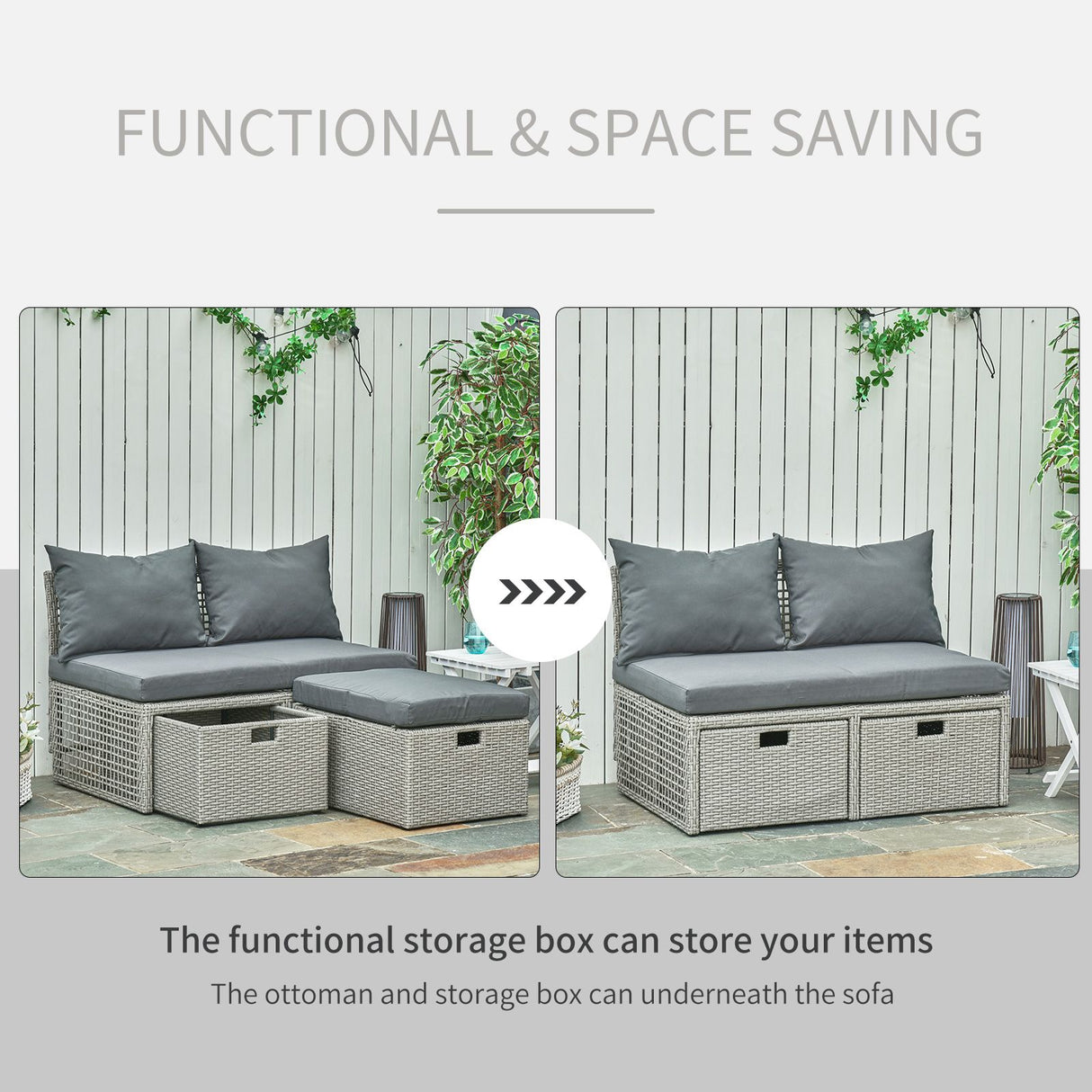 easycomfort easycomfort divano 2 posti con contenitore e pouf in rattan pe salvaspazio con cuscini grigio ean 8055776916262