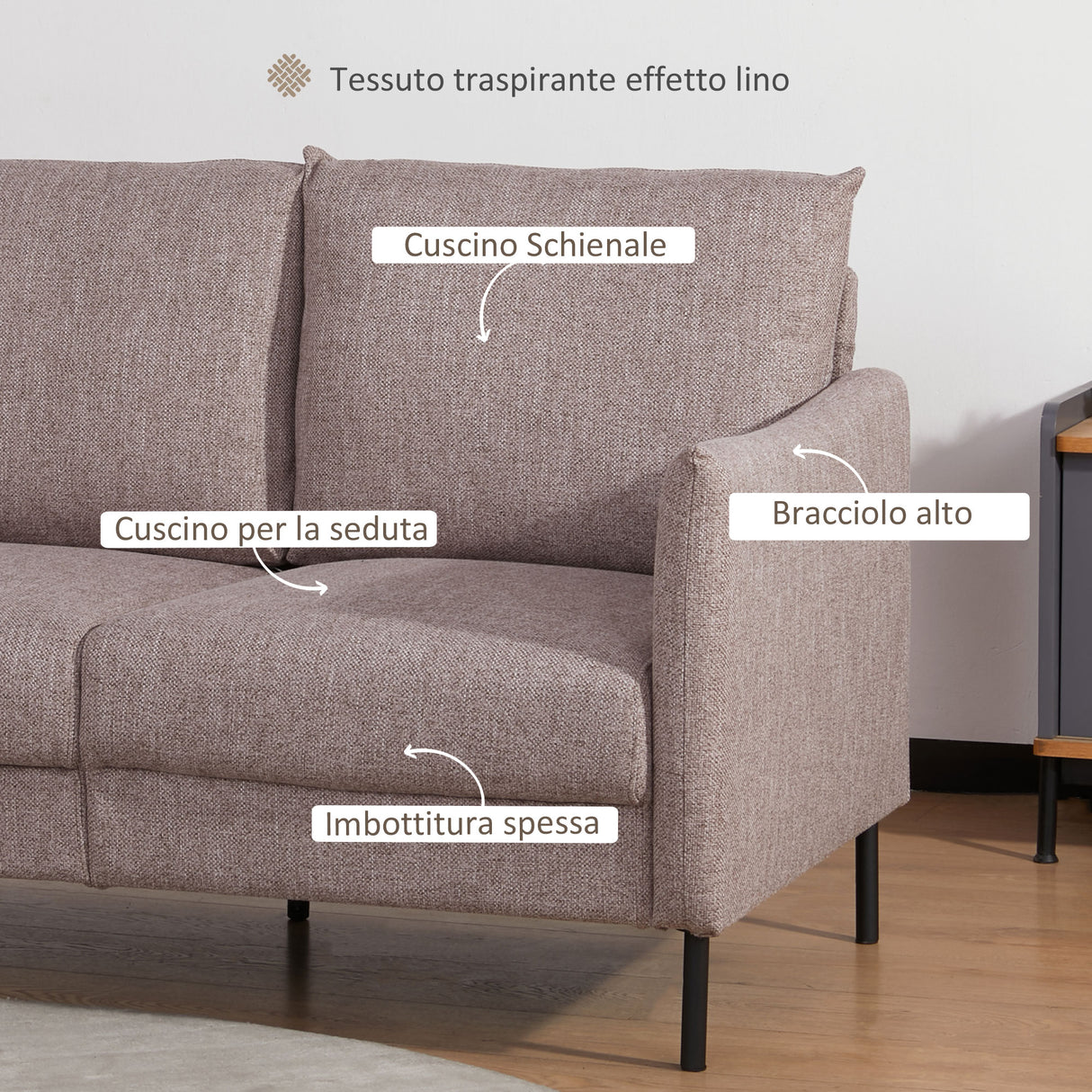 easycomfort easycomfort divano 2 posti in legno per casa e ufficio con seduta rivestita in tessuto effetto lino 138x83x85 cm caffe