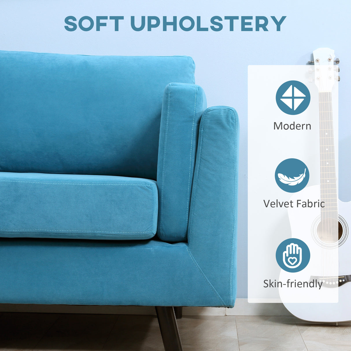 easycomfort easycomfort divano 2 posti moderno con braccioli imbottiti in tessuto effetto velluto e gambe in legno 170x90x85 cm blu