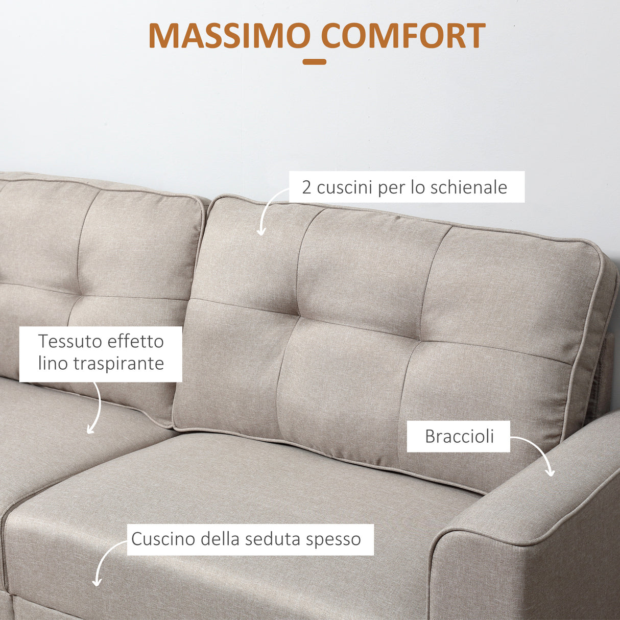 easycomfort easycomfort divano 3 posti con rivestimento in tessuto effetto lino divano moderno imbottito con 6 gambe in legno e braccioli beige