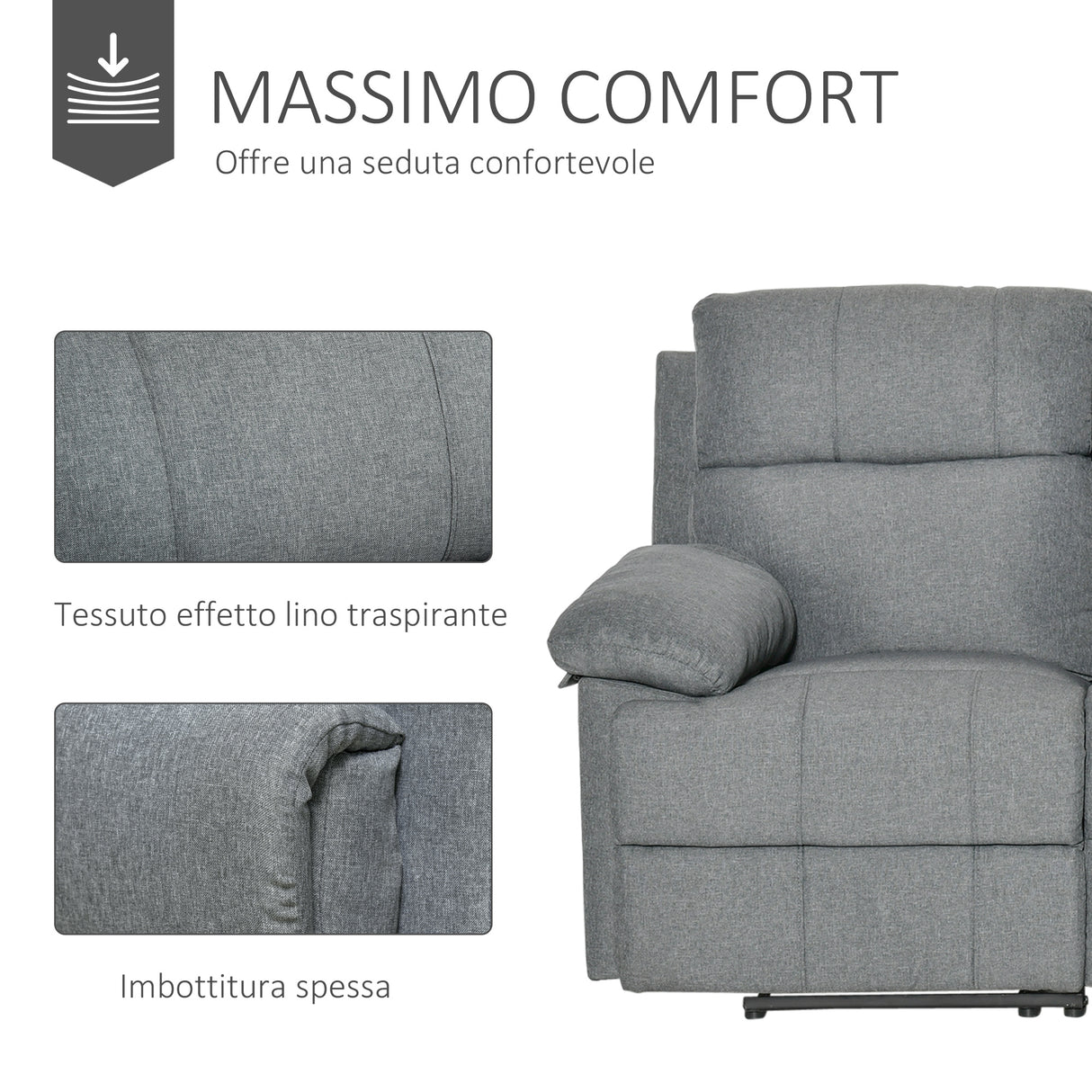 easycomfort easycomfort divano 3 posti con schienale e poggiapiedi reclinabili grigio antracite 198x86x97cm