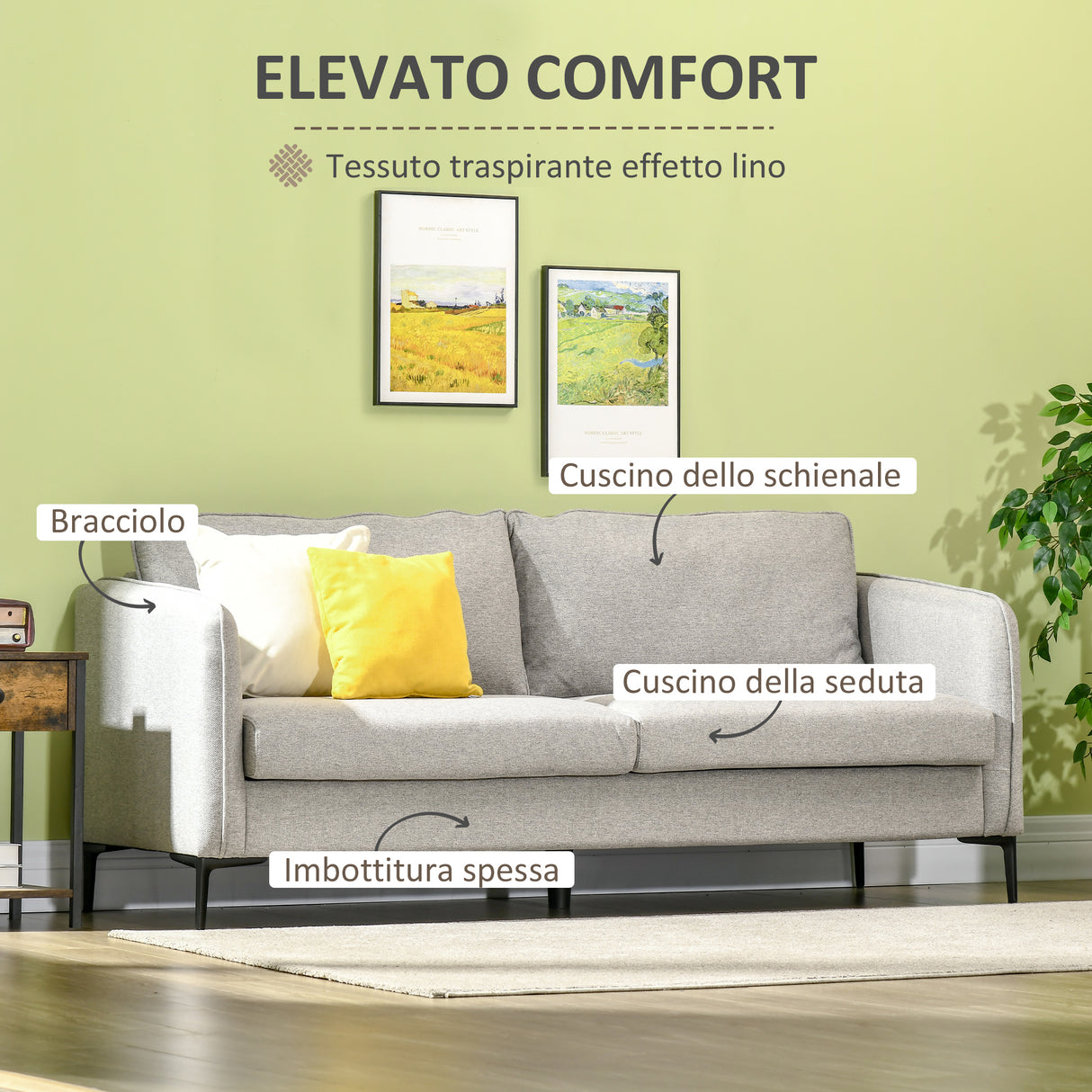 easycomfort easycomfort divano 3 posti in tessuto grigio con 5 piedini e doghe 193x78x71cm