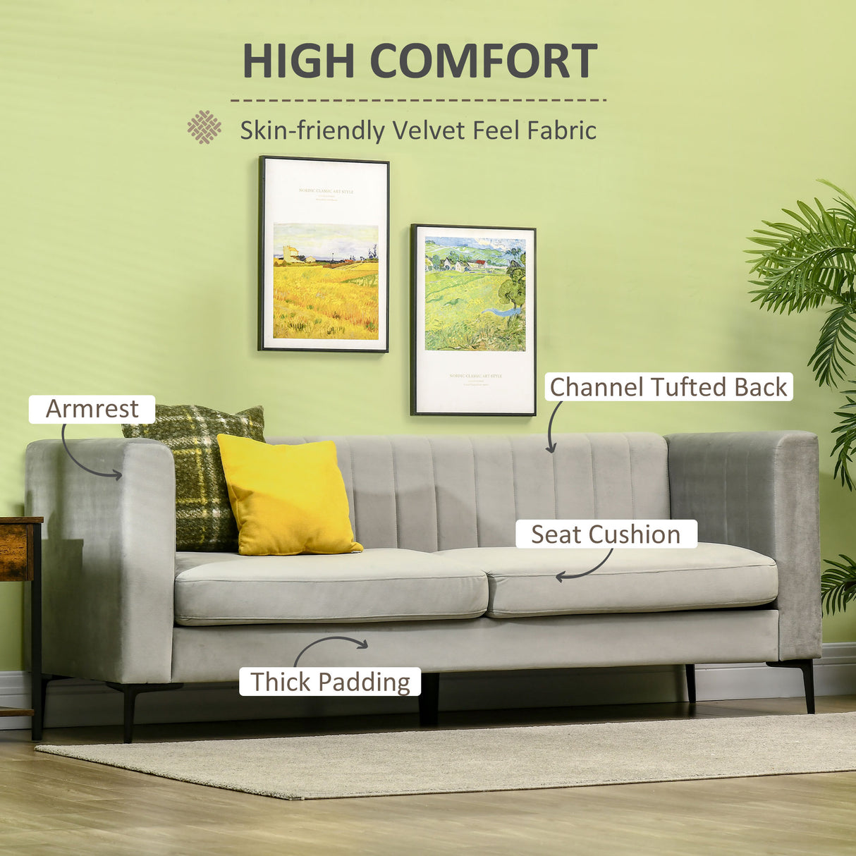 easycomfort easycomfort divano 3 posti in velluto grigio con 5 piedini e doghe 199x72x75cm