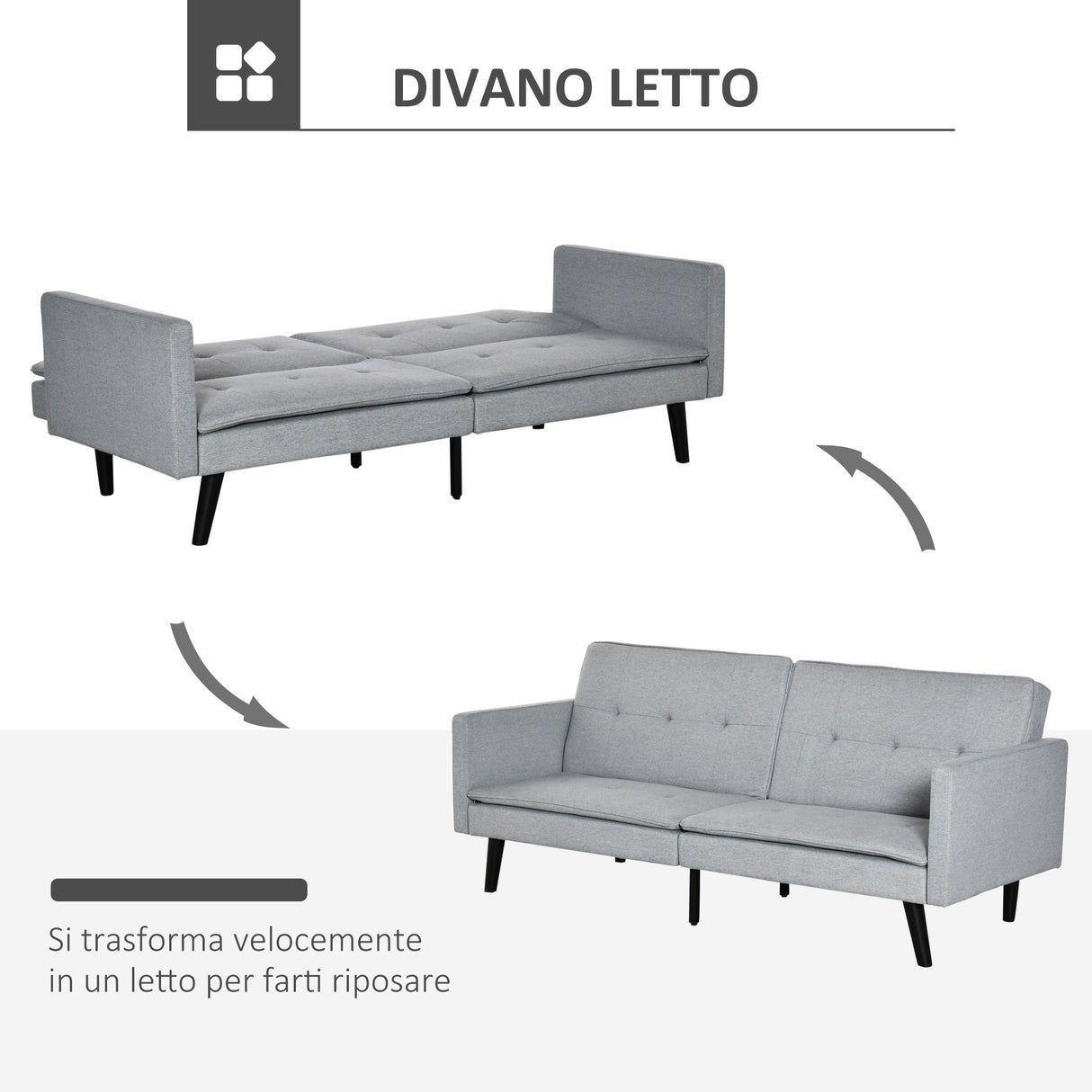 easycomfort easycomfort divano letto a 1 piazza in tessuto e seduta a 3 posti schienale a 3 reclinazioni 198x81x81cm grigio