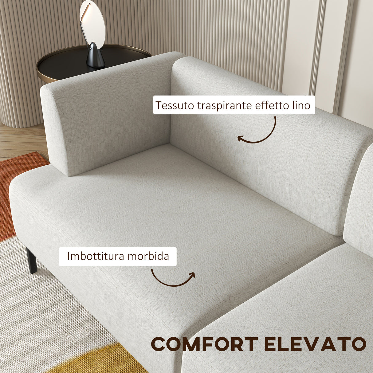 easycomfort easycomfort divano moderno modulabile a 3 sezioni in tessuto con gambe in acciaio 250x75x70cm crema