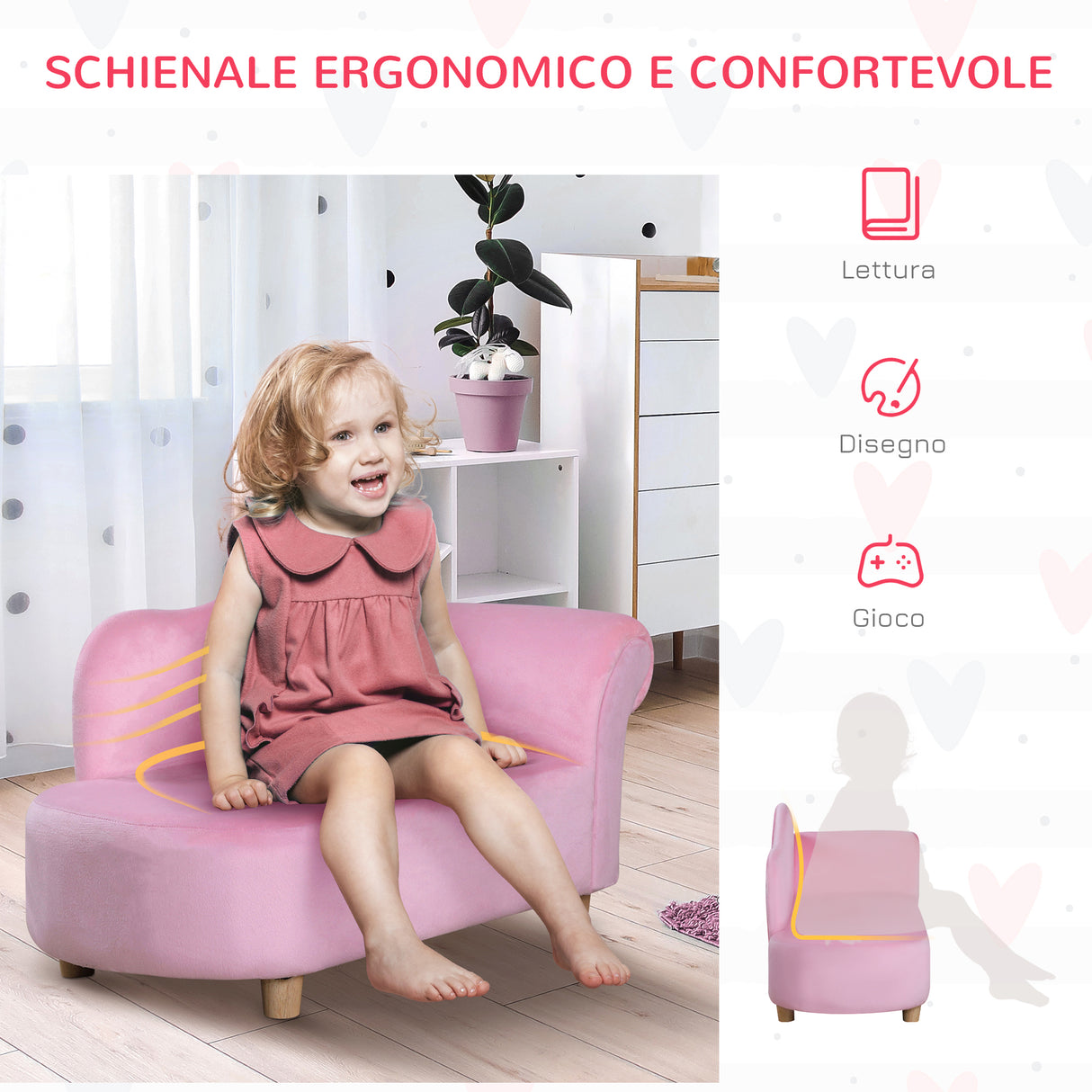 easycomfort easycomfort divano per bambini imbottito con rivestimento morbido e piedini in legno 80x40x49cm rosa