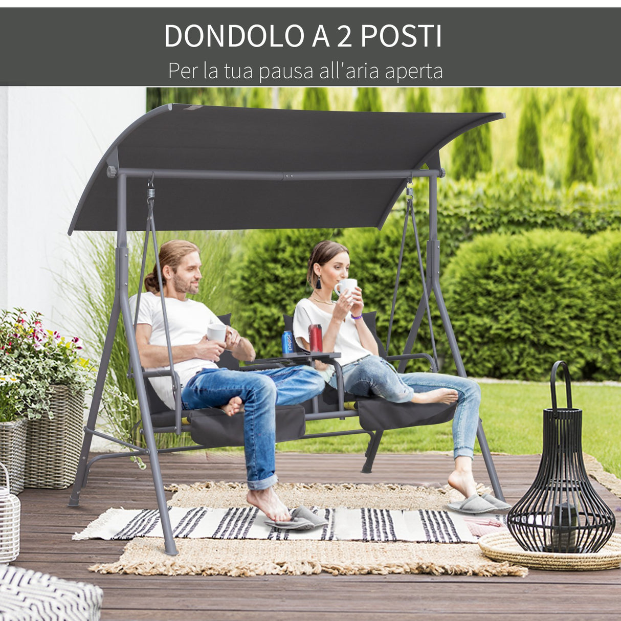 easycomfort easycomfort dondolo da giardino 2 posti separati con tavolino centrale e tetto regolabile in metallo 175x112x165cm grigio ean 8054144137643