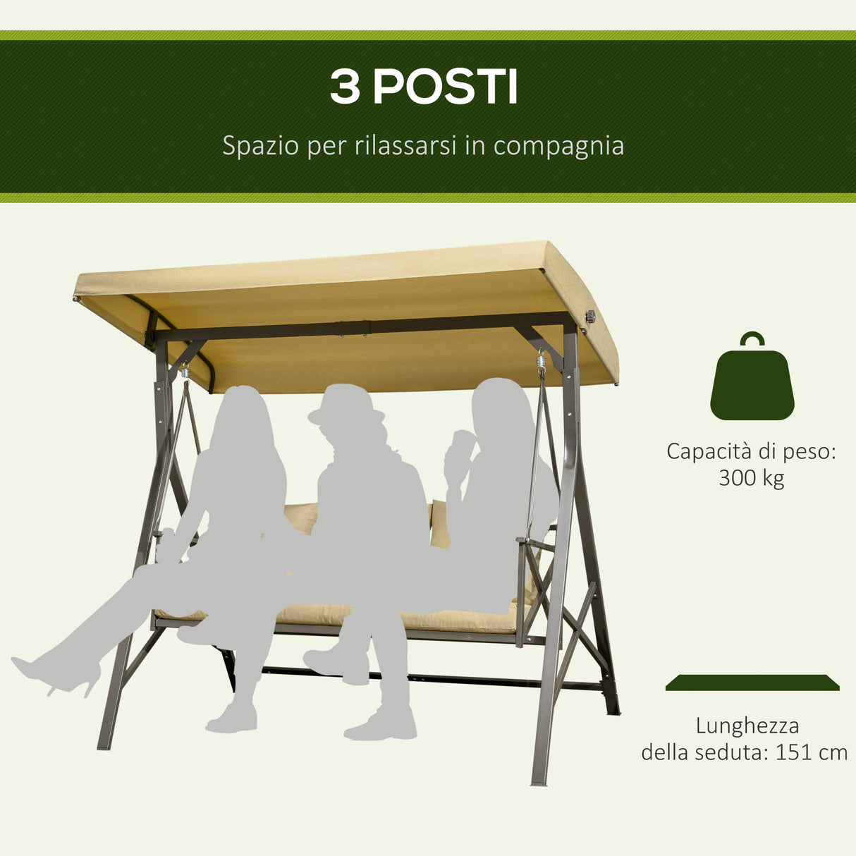 easycomfort easycomfort dondolo da giardino 3 posti in acciaio e poliestere con tetto inclinabile e cuscini 190x120x178 cm