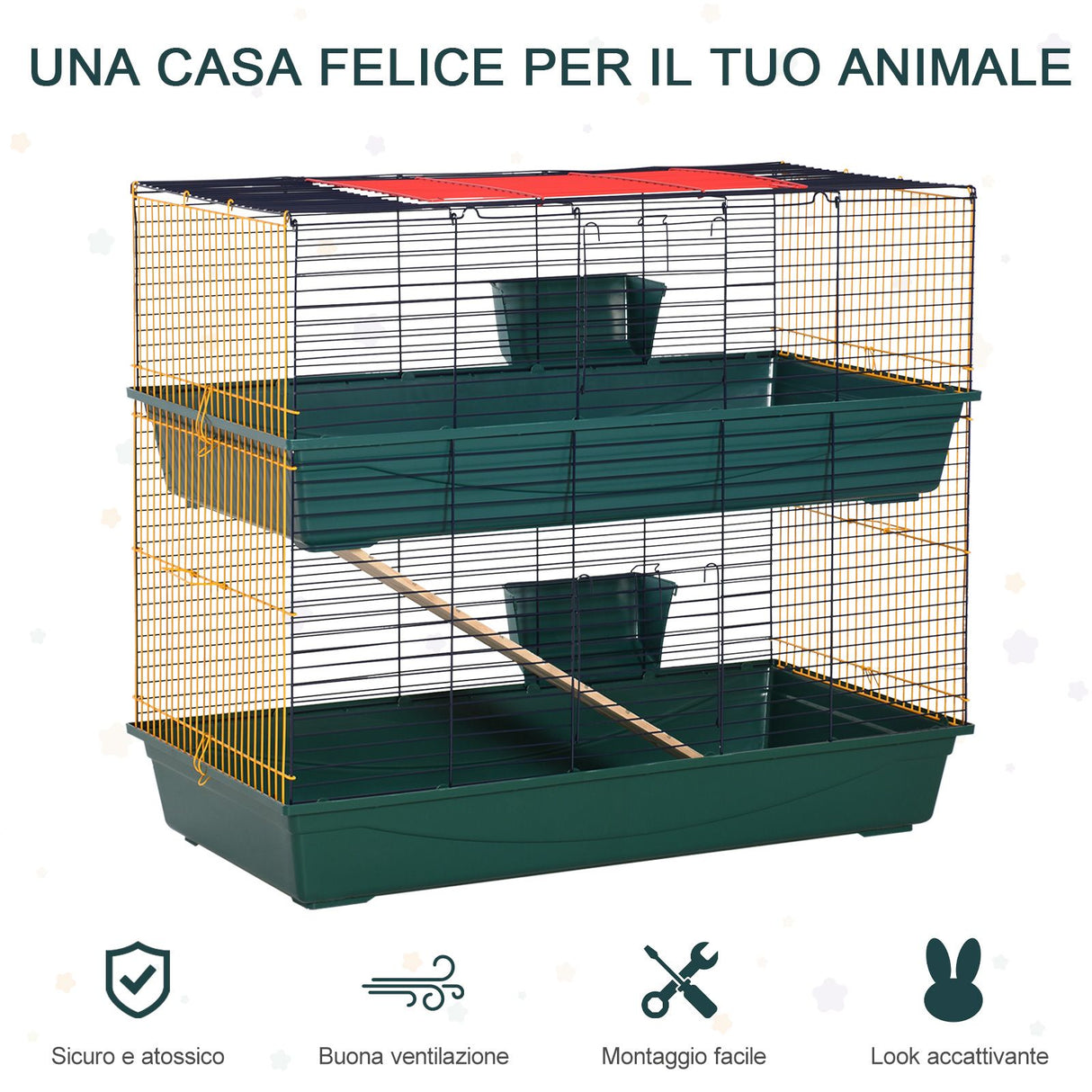 easycomfort easycomfort gabbia per conigli nani e piccoli roditori a 2 livelli con rampa 3 porte e 2 mangiatoie ean 8055776912042