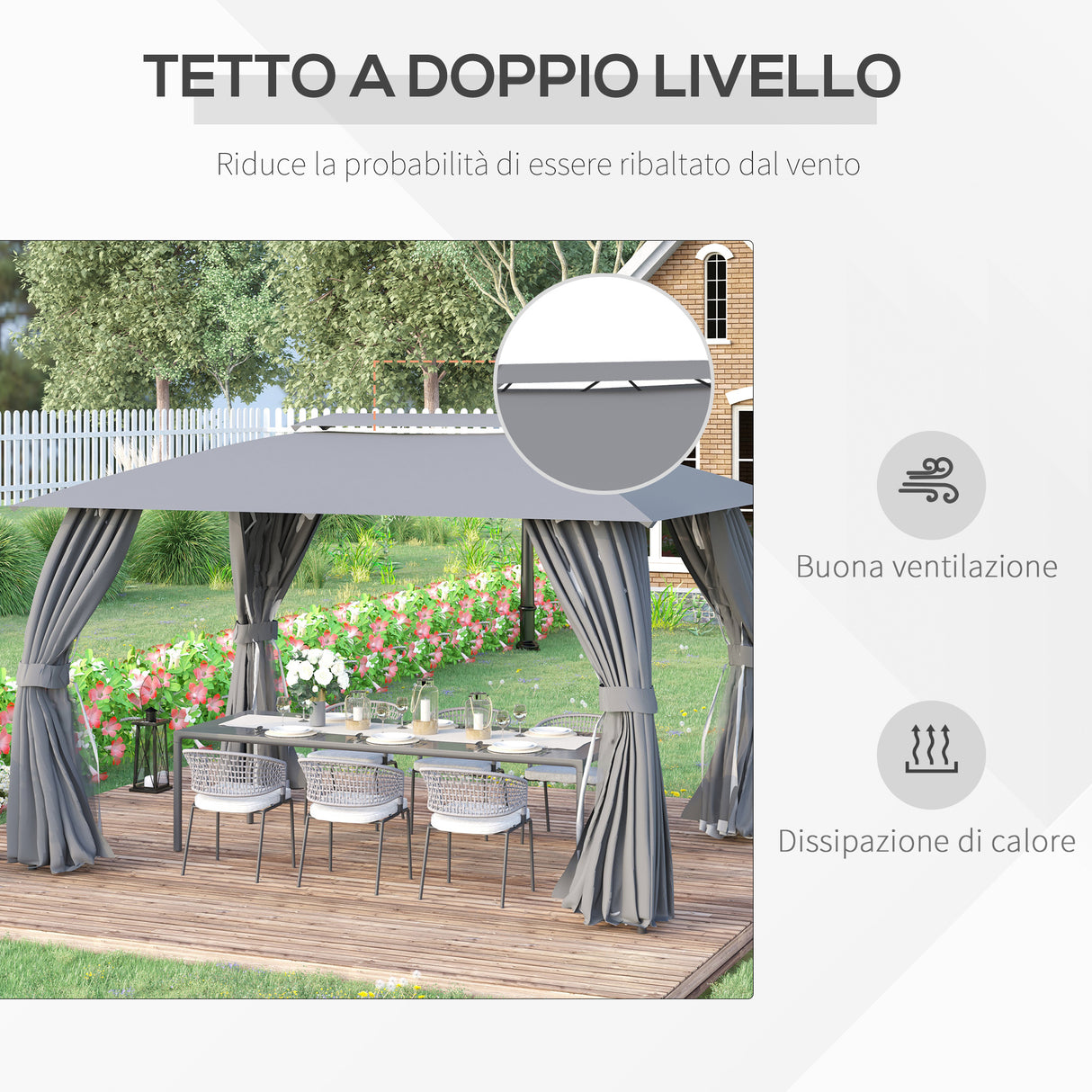 easycomfort easycomfort gazebo da giardino 4x3m con doppio tettuccio pareti in poliestere e struttura in acciaio grigio