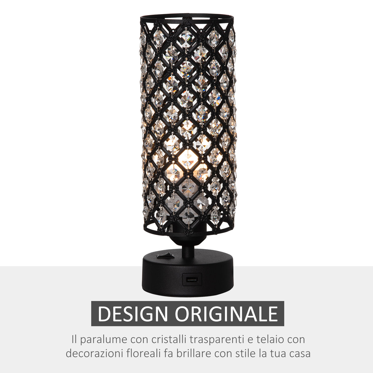 easycomfort easycomfort lampada da tavolo con paralume in cristallo e 2 porte usb luce regolabile 10 8x30cm nero