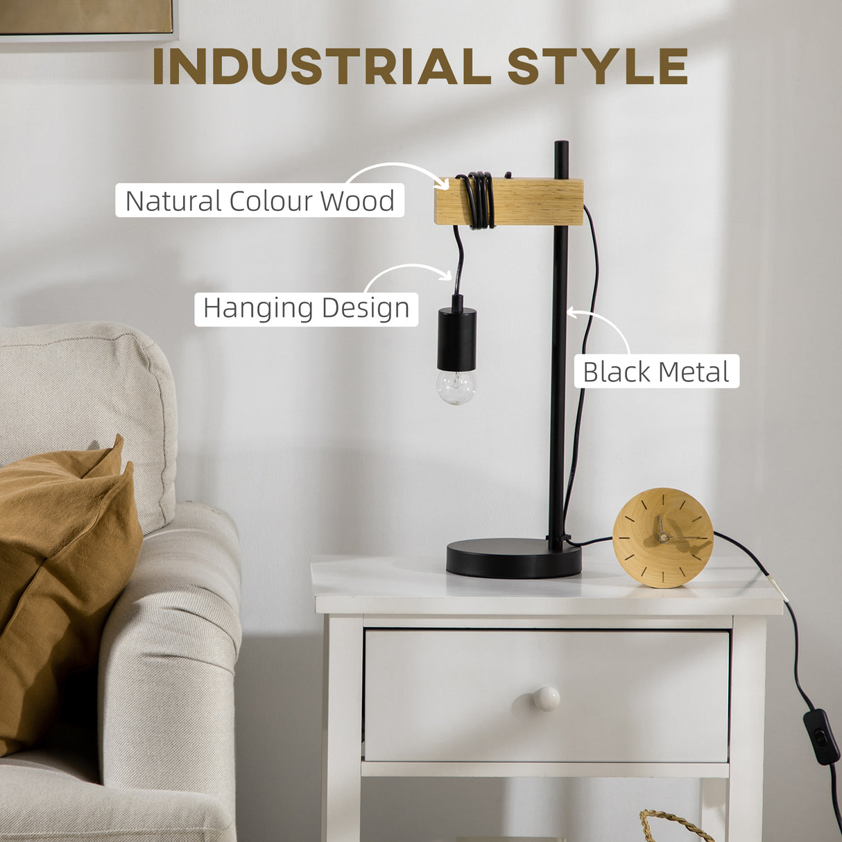 easycomfort easycomfort lampada da tavolo in stile industriale in legno e acciaio senza paralume nero e naturale