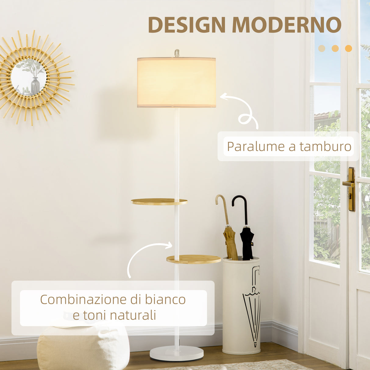 easycomfort easycomfort lampada da terra a piantana con 2 mensole e paralume in tessuto 40x163cm bianco