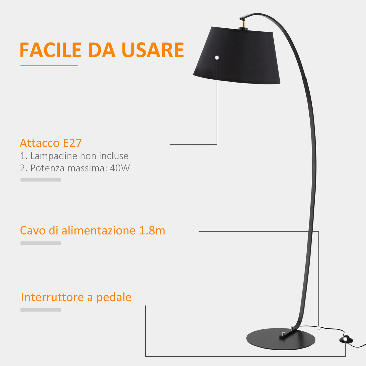 easycomfort easycomfort lampada da terra ad arco con paralume in tessuto e piantana rotonda 100x43x177cm grigio scuro