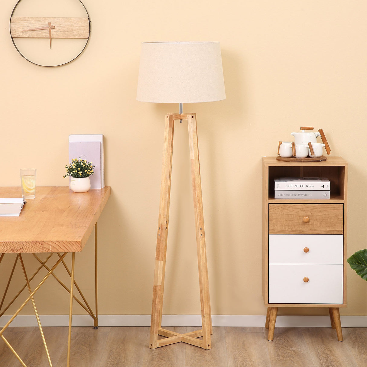 easycomfort easycomfort lampada da terra con base in legno e paralume in tessuto e27 40w 44x149cm biancolegno