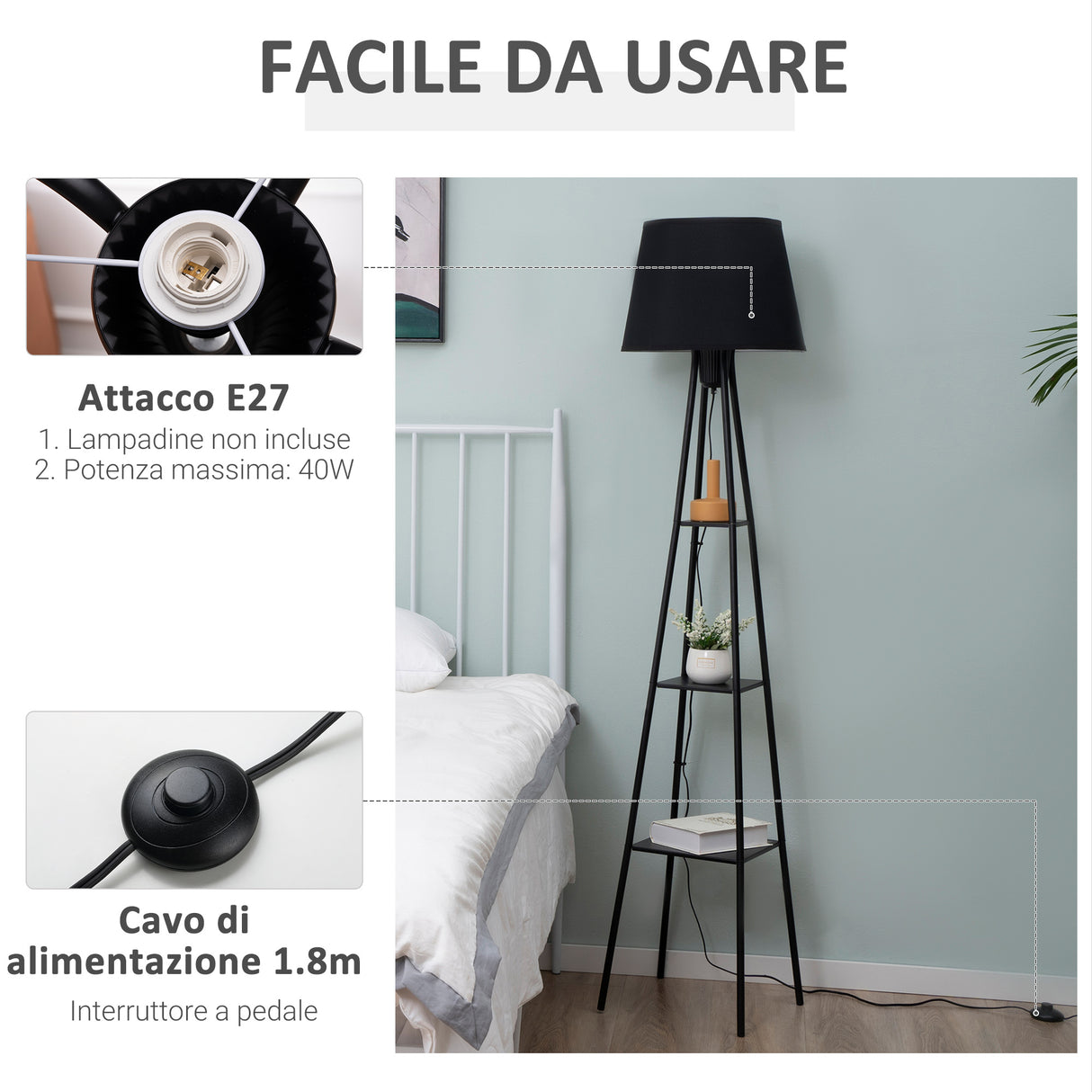 easycomfort easycomfort lampada da terra di design con 3 mensole e interruttore a pedale attacco e27 e struttura in metallo 35x35x173cm nero