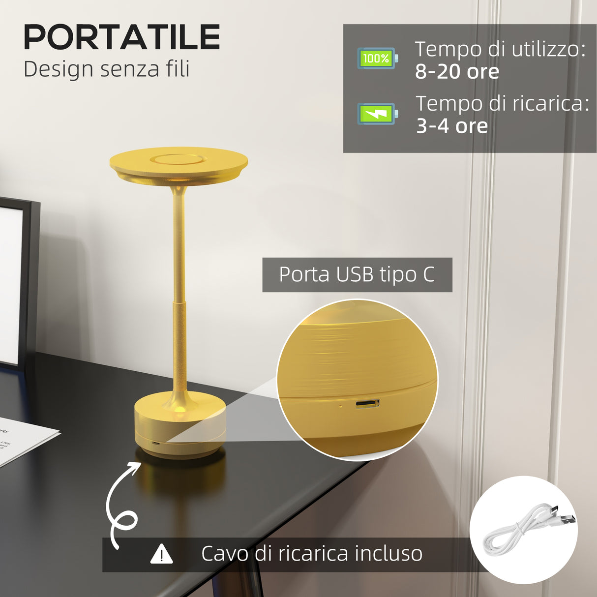 easycomfort easycomfort lampada senza filo touch luce led 3 tonalita e batteria ricaricabile 13x28 5cm oro