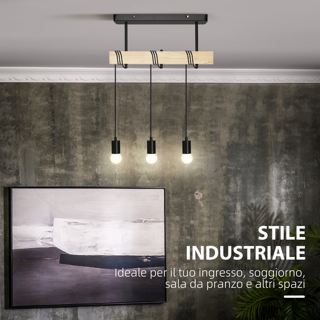 easycomfort easycomfort lampadario a sospensione stile industriale con 3 lampadine in legno e metallo 50x8x33cm nero