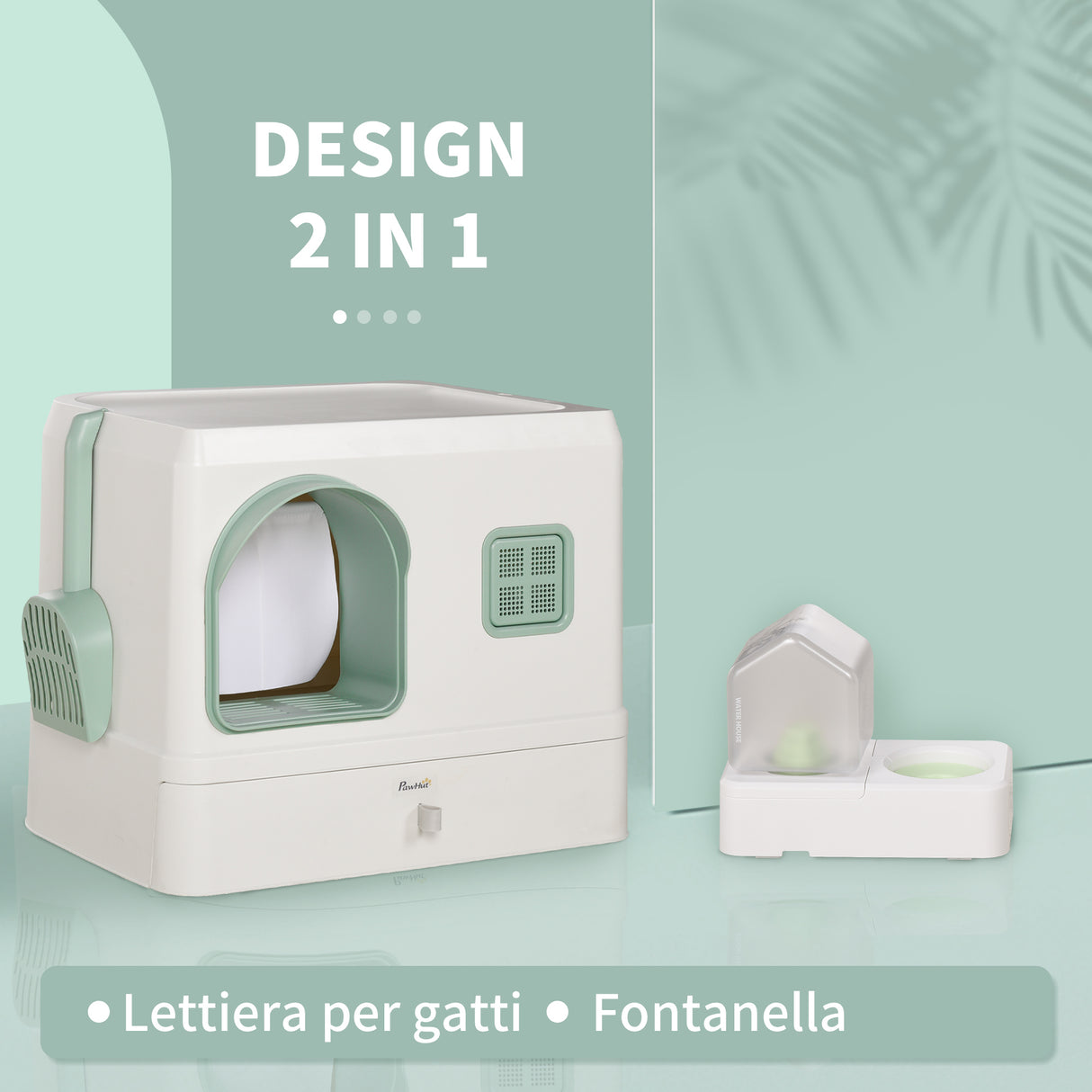 easycomfort easycomfort lettiera coperta per gatti e fontanella vassoio e paletta 50x40x40cm verde e bianca