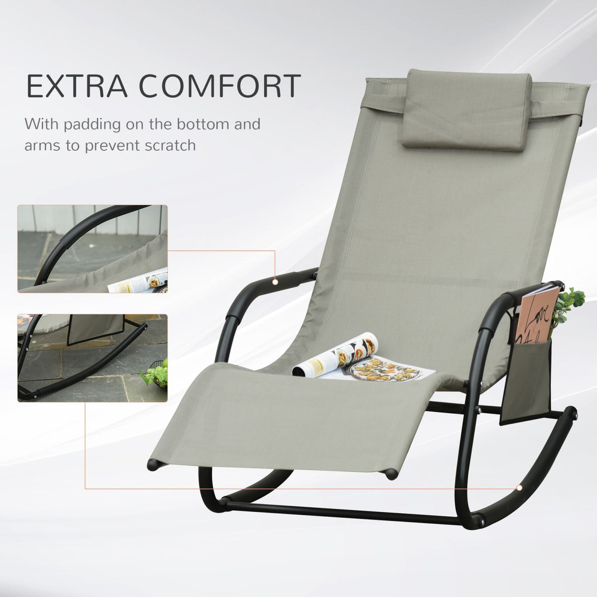 easycomfort easycomfort lettino sdraio a dondolo da giardino con poggiatesta e tasca laterale nero e grigio ean 8054144135120