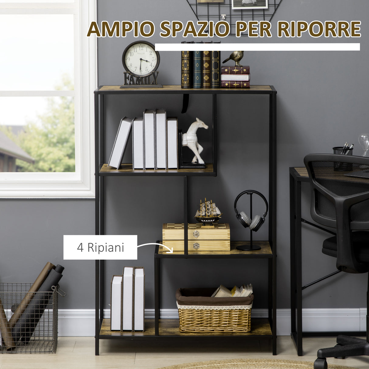 easycomfort easycomfort libreria moderna 4 ripiani stile industriale in legno e metallo 83x34x180cm marrone