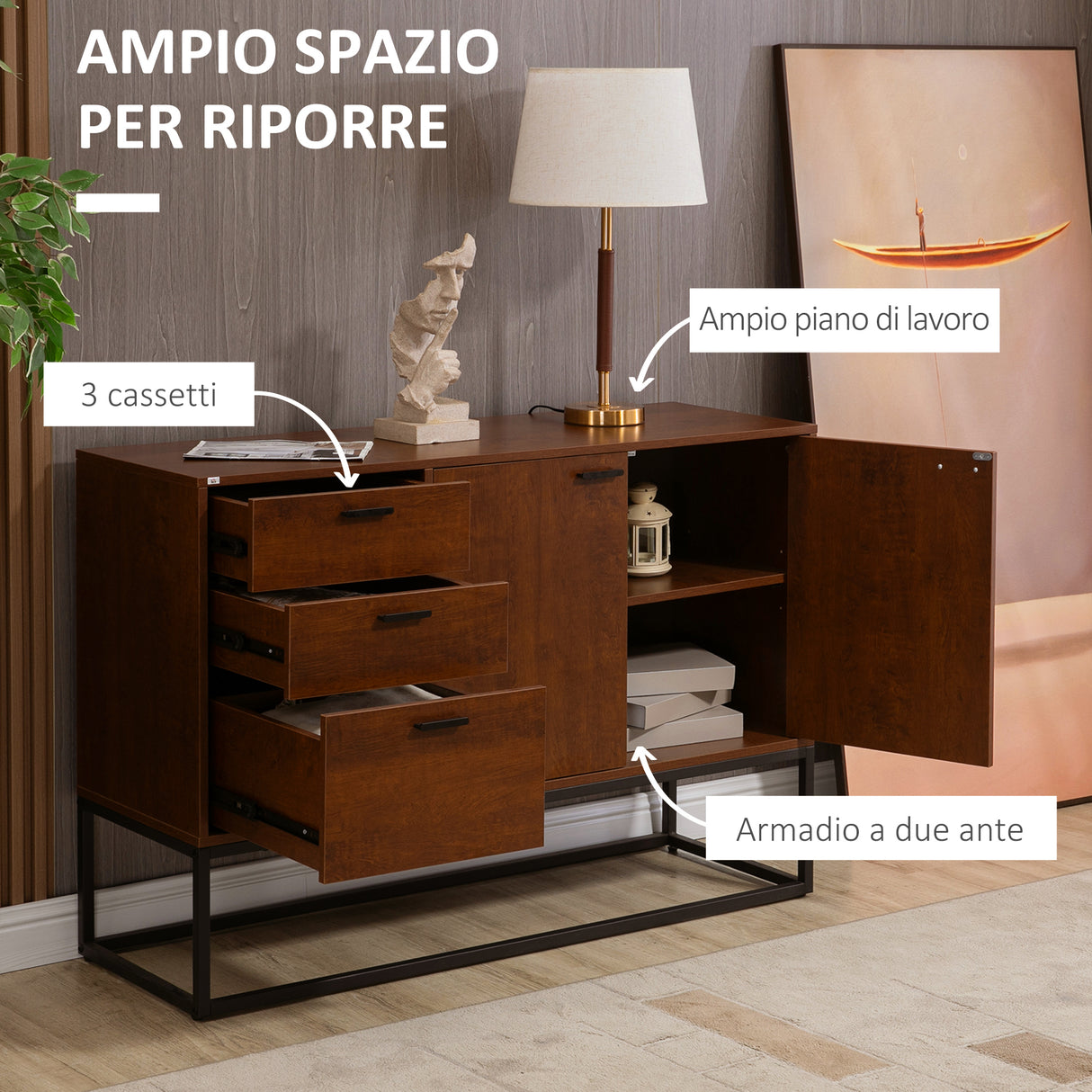 easycomfort easycomfort mobile buffet stile industriale con armadietto 2 ante e 3 cassetti 120x40x83cm marrone