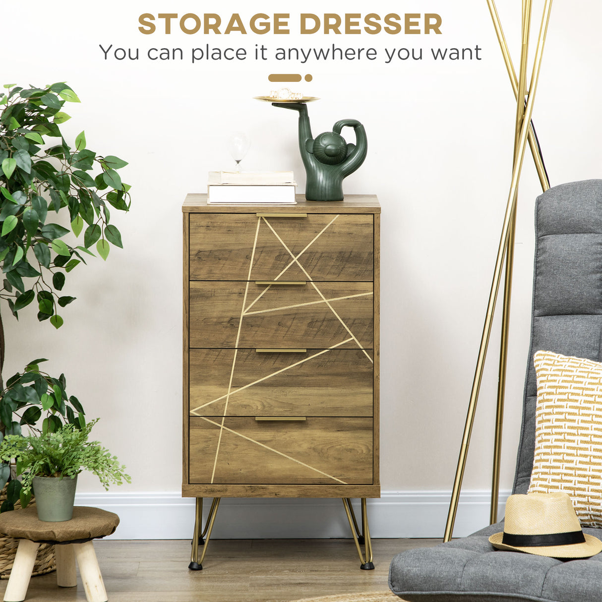 easycomfort easycomfort mobile cassettiera a 4 cassetti in legno truciolare e gambe in acciaio 48x21x79cm legno e oro