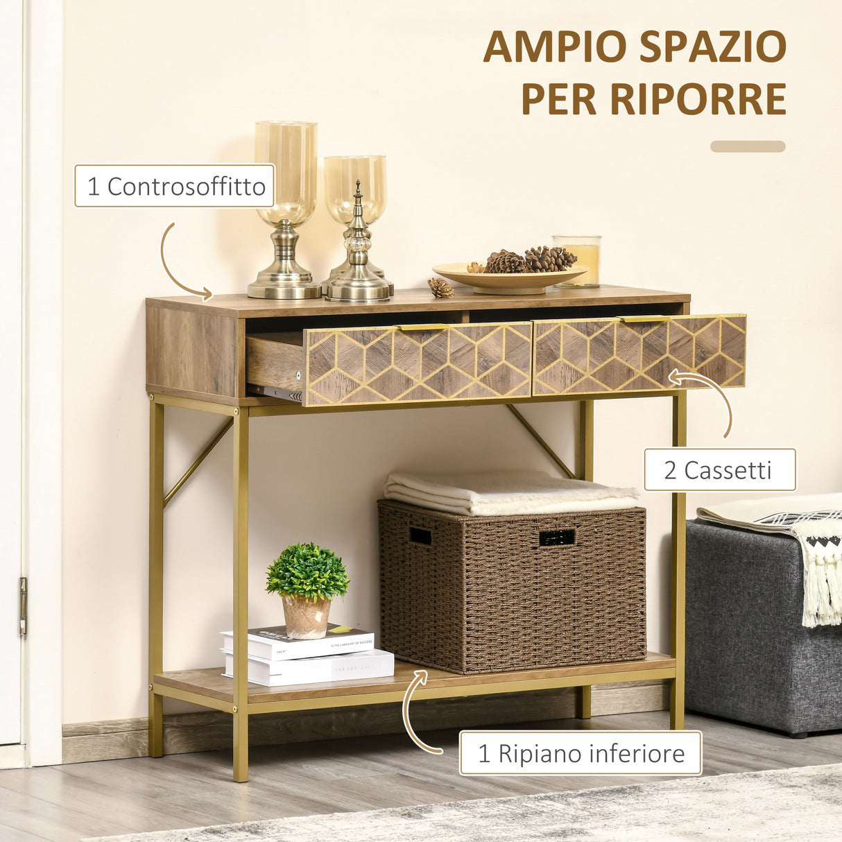 easycomfort easycomfort mobile consolle da ingresso con 2 cassetti e ripiano in legno 99x35x86cm
