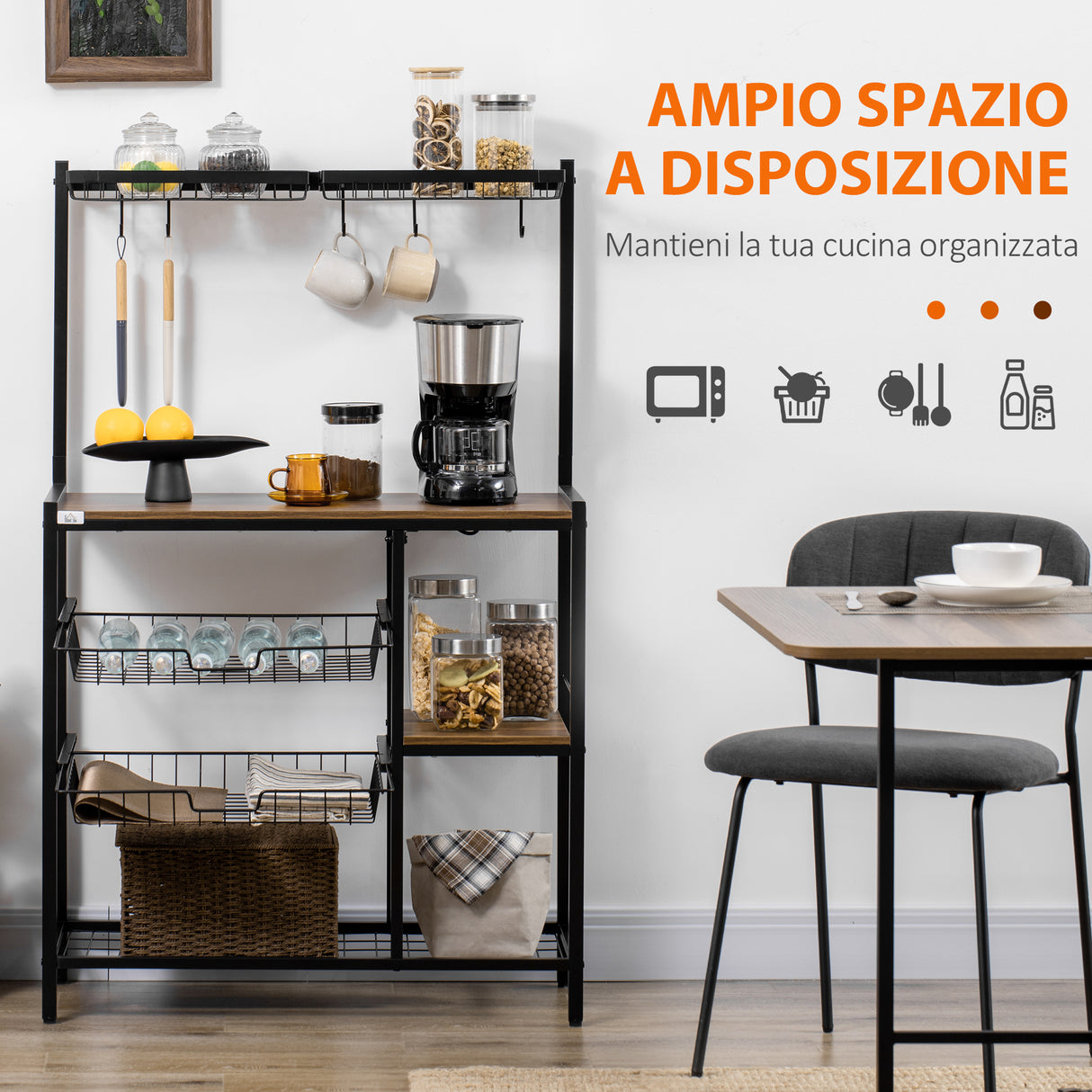 easycomfort easycomfort mobile cucina con 5 ganci 3 ripiani e 4 cestelli in mdf e acciaio 83 5x39x133 cm marrone